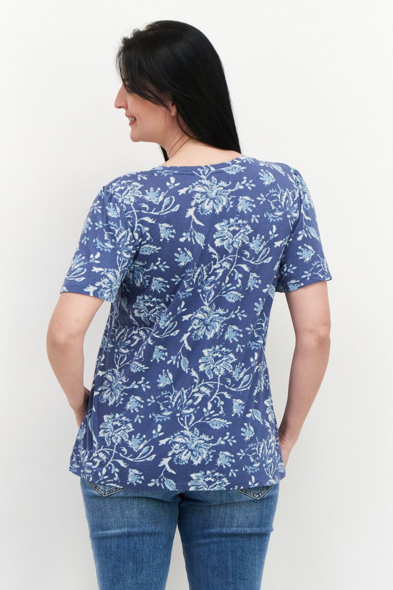 LUCKY BRAND Women Round Neck Short Sleeve Floral Print Top,  Blue Combo - Image 2
